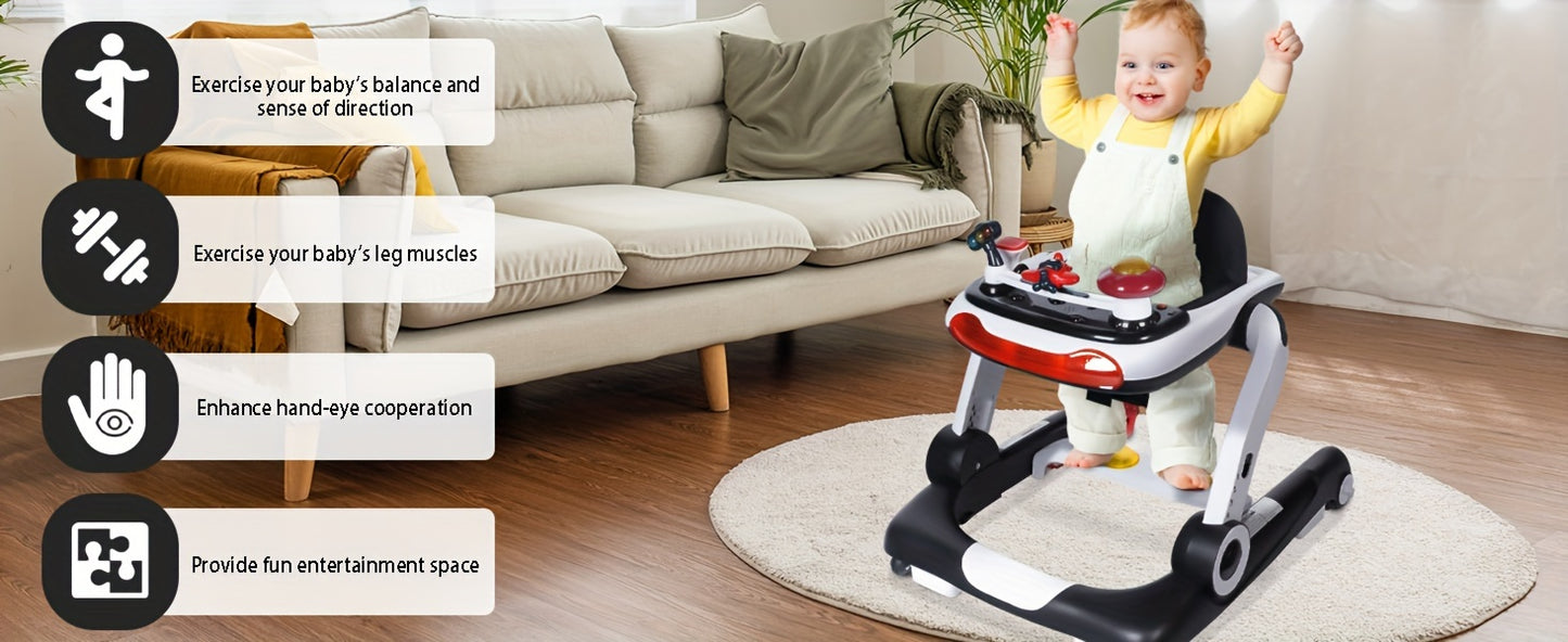 Kinder King Baby Walker With Music & Lights, 5 In 1 Baby Bouncer Activity Walker, Adjustable Height & Seat, Learning-Seated & Toddler Walk-Behind, Safety Bumper, Infant Walker Anti-Rollover, Black