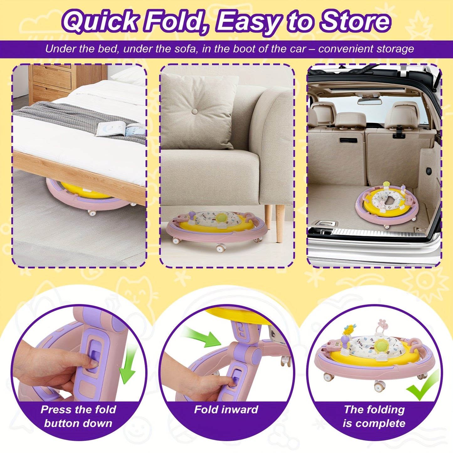 Baby Walker with Anti-Rollover Lock & Height Adjustment - Push Along Walking Chair with 4-Wheel Mobility, Soft Cushioned & -Free Learning Path for Boys & Girls 6-18 Months (Pink/Green) - Sturdy Frame for First Walkers