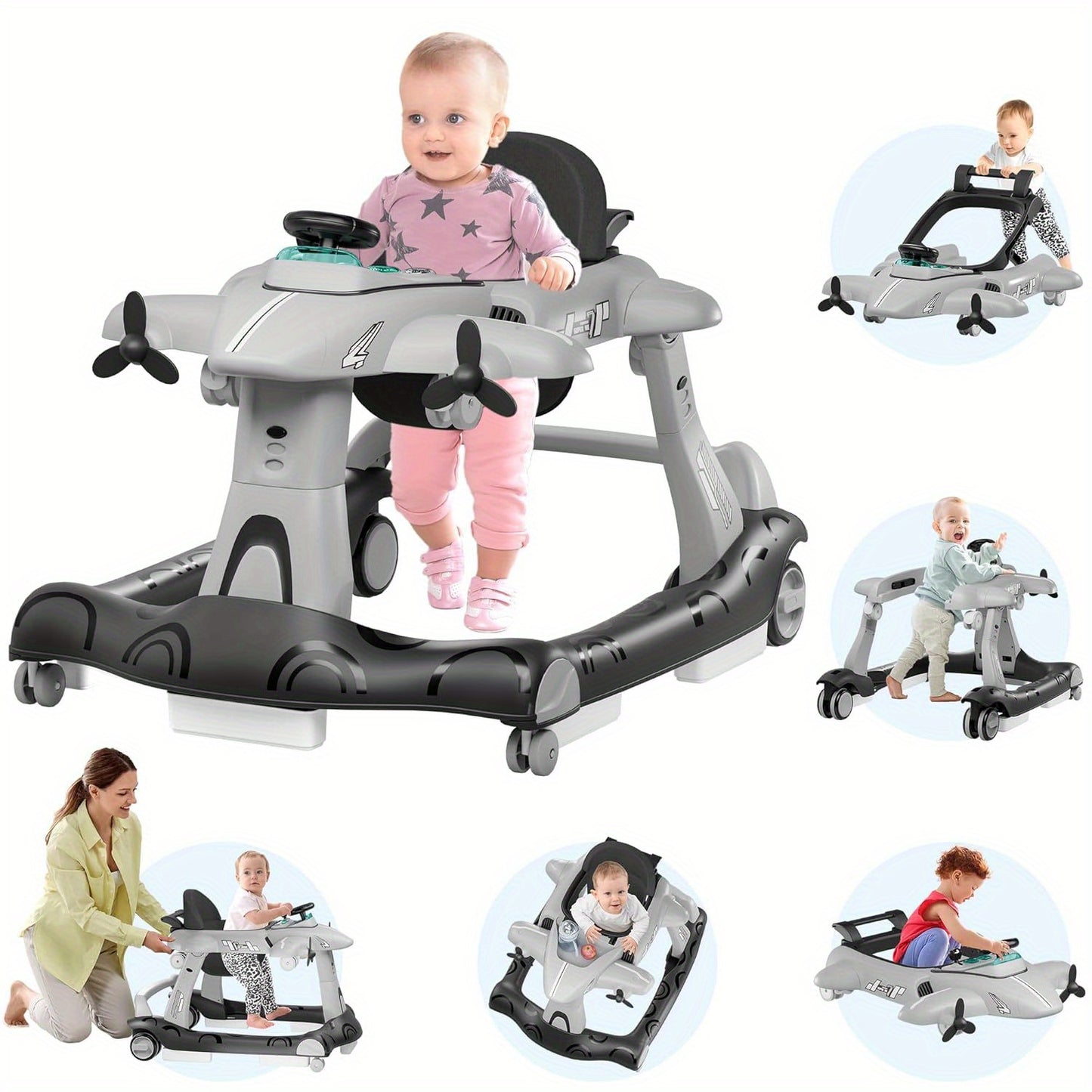 6-in-1 Baby Walker with Adjustable Speed Wheels, Adjustable Height Activity Walker with Padded Seat, Foldable Walker for Babies, Toddler Push Walker for Boy & Girl