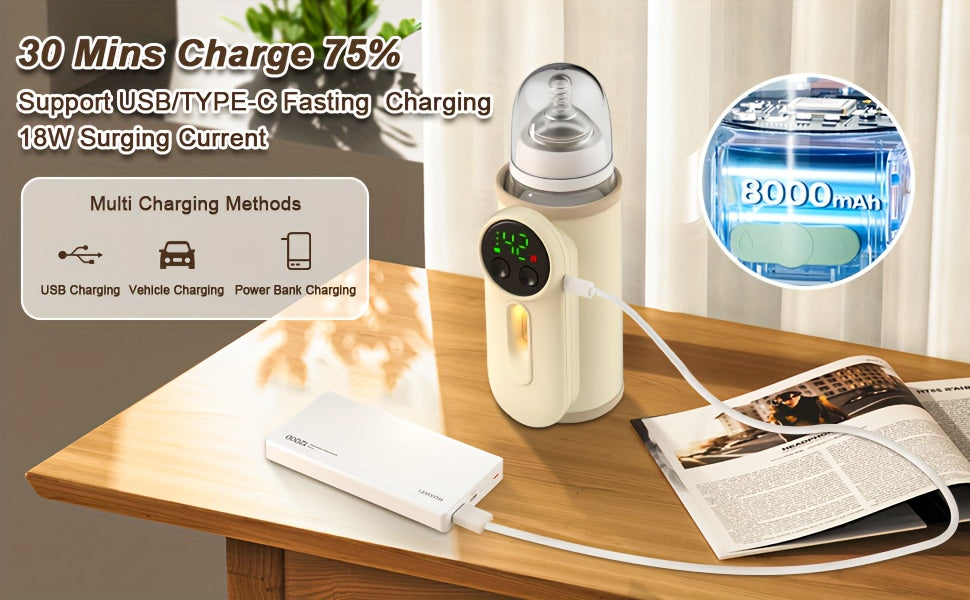 Portable Smart Bottle Warmer & Thermos Cup with, Leak-Proof Design, Wireless Operation, Fast Charging, and One-Touch Operation - Reusable Plastic Construction with Handle & Temperature Control for On-the-Go Formula/Breast Mil