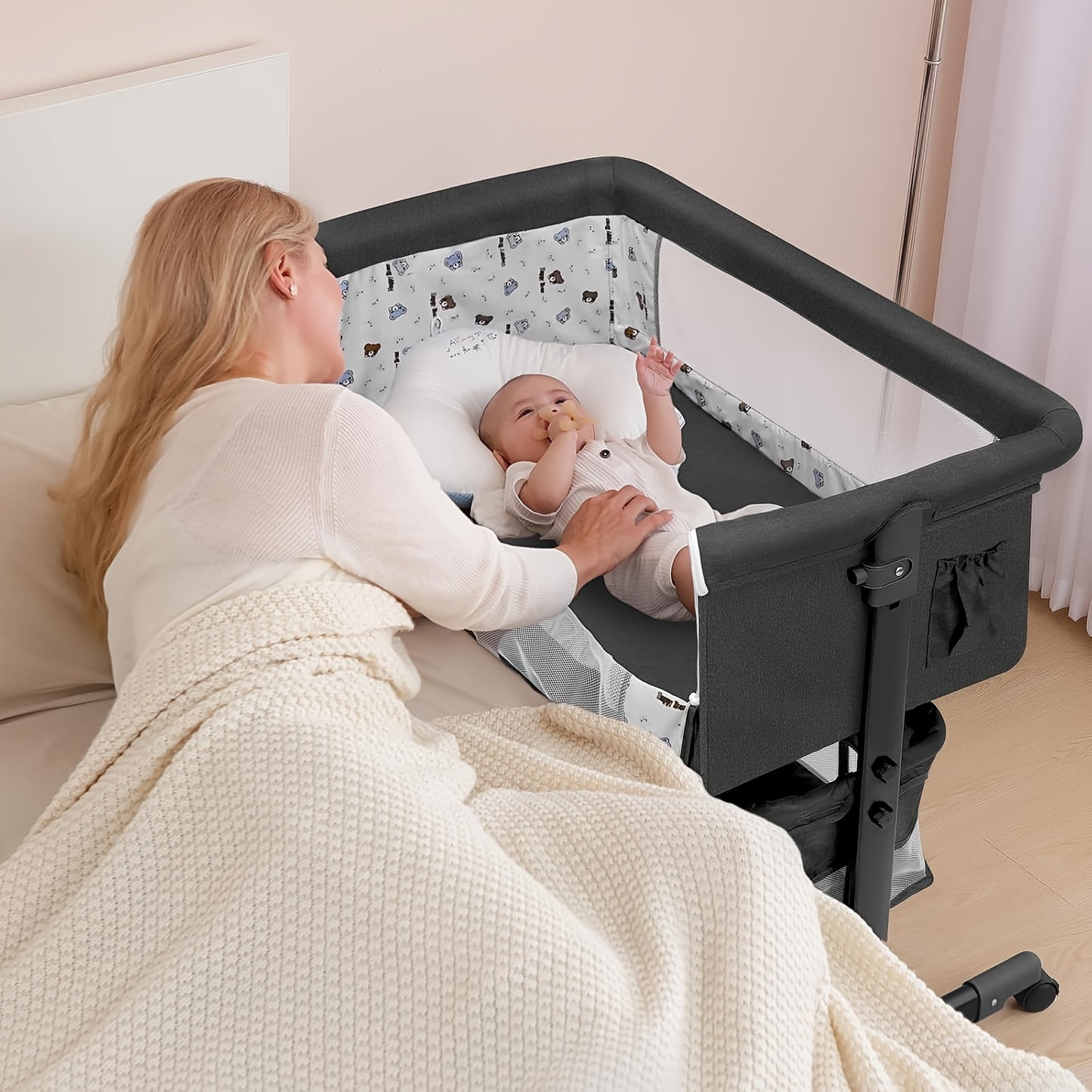 Baby Bassinet Bedside Sleeper with Rocking Motion, Lockable Wheel & Storage Basket - Adjustable Height, Fence & -Compatible Frame - Easy Assembly Metal Cot for, Portable Crib (Grey/Black)