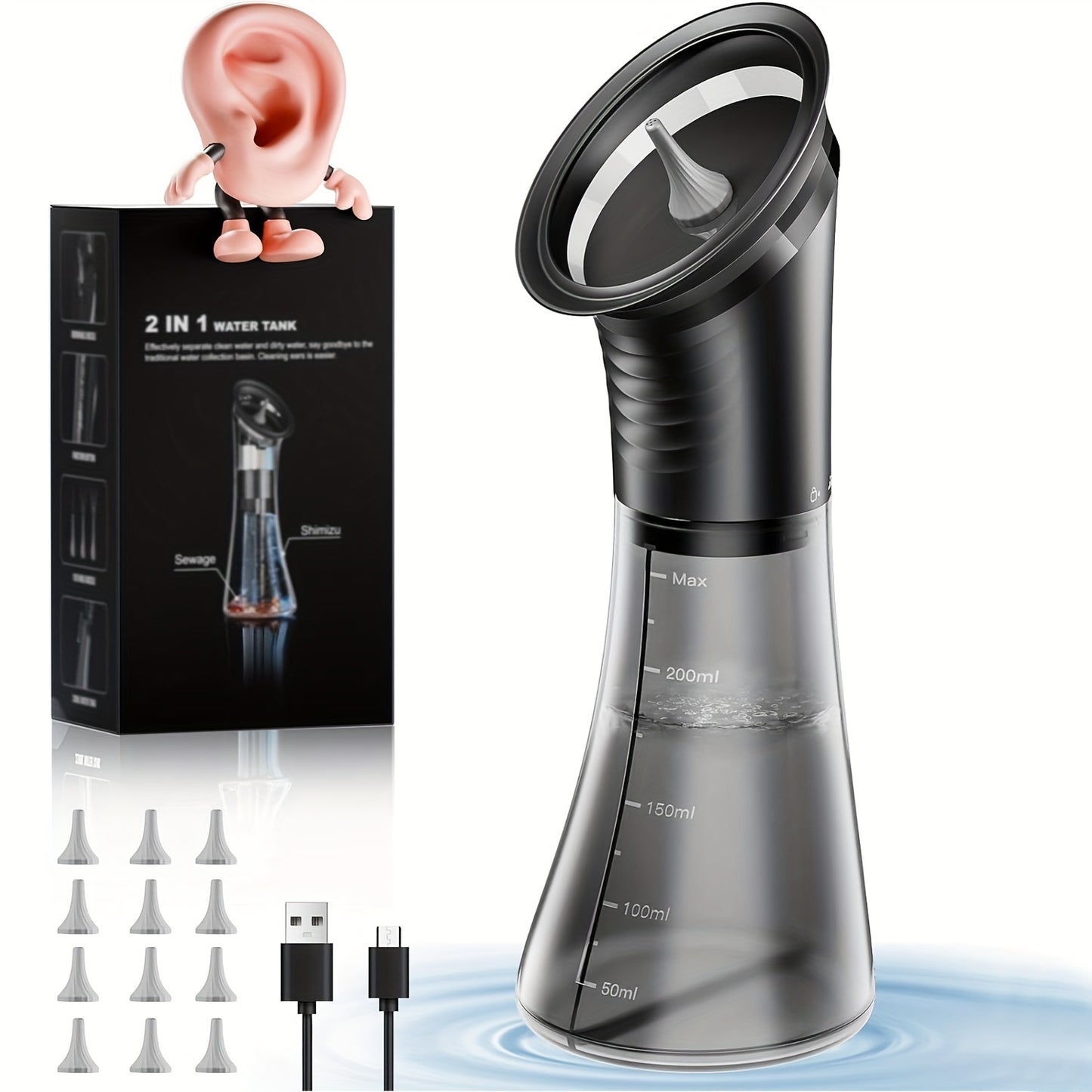 Safe Electric Ear Cleaning Kit Pro: Water-Powered Flusher with 3 Pressure Modes & LED Display | Temp Sensor, Visual Waste Tank, 12 Tips, USB-C Recharge, Painless Use, Ear Cleaning Device, Health Care, Modern Aesthetic, Durabl