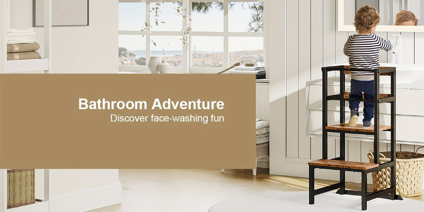 Adjustable Toddler Step Stool with Safety Rail, Wooden & Steel Learning Tower for Kids, Height Adjustable Kitchen Stool for Toddlers