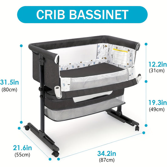Baby Bassinet Bedside Sleeper with Rocking Motion, Lockable Wheel & Storage Basket - Adjustable Height, Fence & -Compatible Frame - Easy Assembly Metal Cot for, Portable Crib (Grey/Black)