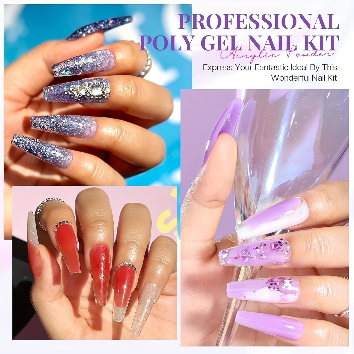 Morovan Pro Nail Extension Kit: 48W LED Lamp And 8 Colors Polygel Set| 100pcs Tips And 48 Glitters | Quick-Drying, Long Lasting | DIY Beginner Friendly, Gel Nail Kit For Beginners With Everything, Nail Gel Kit With Uv Light,