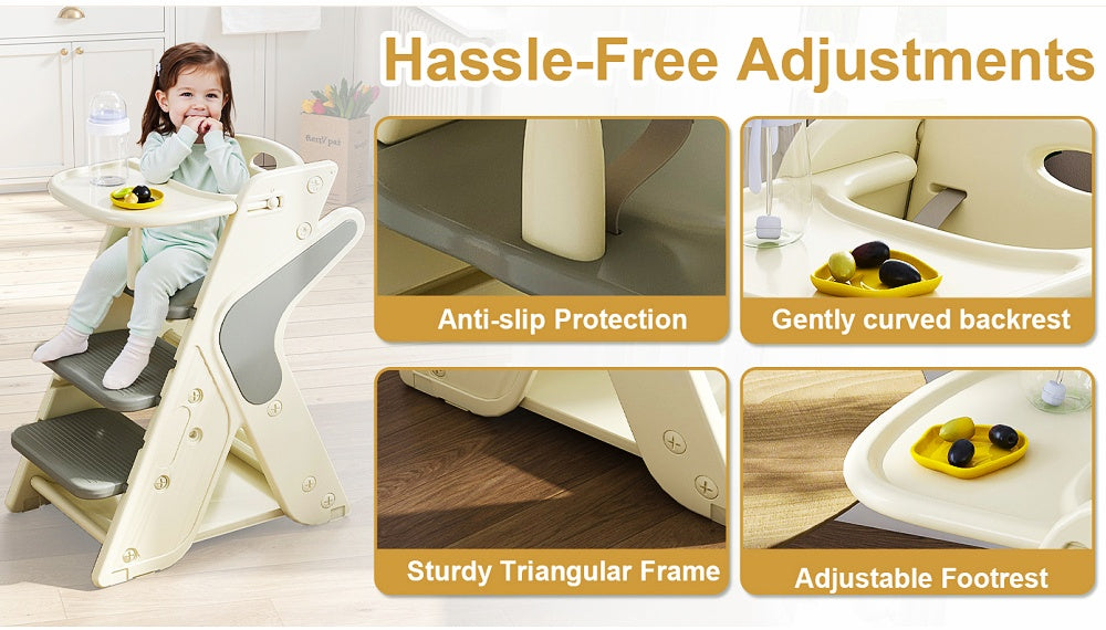 White + Charcoal Gray 16, 54x25, 20x31, 50 Inch Multifunctional Growth Chair HDPE Material Three-in-One Design Adjustable Height Five-Point Safety Belt Kitchen Dining Baby Feeding Learning