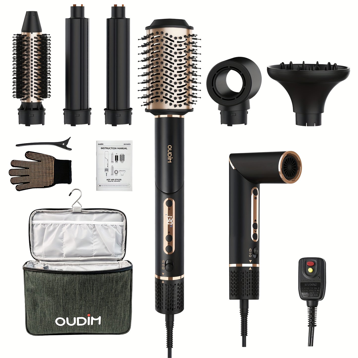 OUDIM 6-in-1 Multi-Functional Hot Air Comb & Styler - Negative Ion Technology, 110, 000 RPM High-Speed Frizz-Free Hair Dryer Brush, Curling Iron & Straightener with Auto-Winding Rod, Foldable Handle & Storage Bag for Rapid Dr