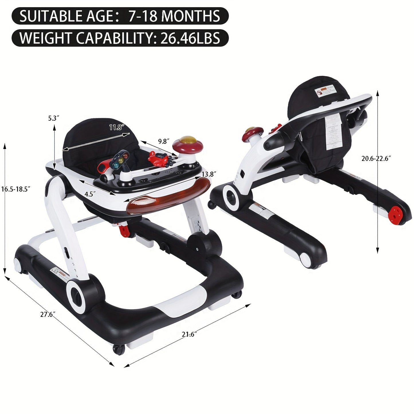 Kinder King Baby Walker With Music & Lights, 5 In 1 Baby Bouncer Activity Walker, Adjustable Height & Seat, Learning-Seated & Toddler Walk-Behind, Safety Bumper, Infant Walker Anti-Rollover, Black