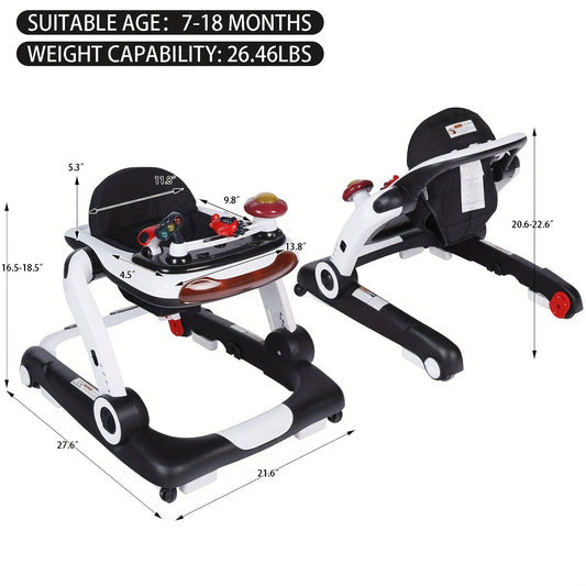 Kinder King Baby Walker With Music & Lights, 5 In 1 Baby Bouncer Activity Walker, Adjustable Height & Seat, Learning-Seated & Toddler Walk-Behind, Safety Bumper, Infant Walker Anti-Rollover, Black