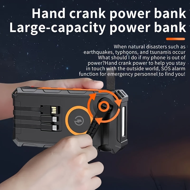 Power Bank Wireless Charger 30000mAh Comes With A Wire Hand Crank And 3 Cables 15W Fast Charging Power Bank 7 Outputs & 4 Inputs Solar Portable Charger, SOS/Strobe/Strong Flashlights - Orange