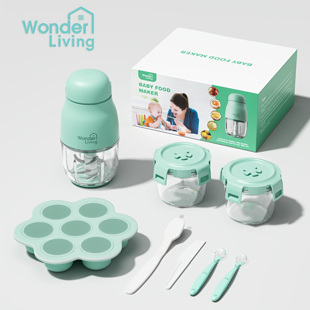 8-Blade Stainless Steel Blade Baby Food Maker Set with Easy-Clean Blender, Food Processor & Containers - Heavy-Duty Corded Electric Baby Food Maker with 8-Blade Blade, Containers & Green Base - Ideal For Fruits, Vegetables