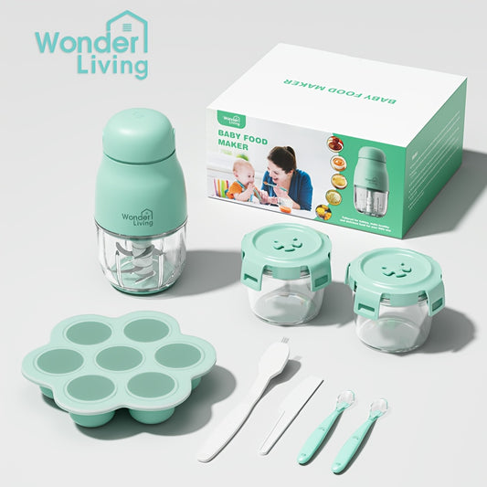 8-Blade Stainless Steel Blade Baby Food Maker Set with Easy-Clean Blender, Food Processor & Containers - Heavy-Duty Corded Electric Baby Food Maker with 8-Blade Blade, Containers & Green Base - Ideal For Fruits, Vegetables