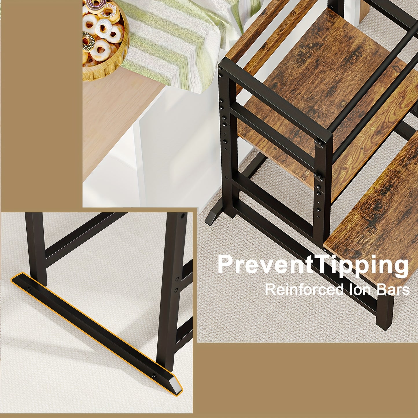 Adjustable Toddler Step Stool with Safety Rail, Wooden & Steel Learning Tower for Kids, Height Adjustable Kitchen Stool for Toddlers