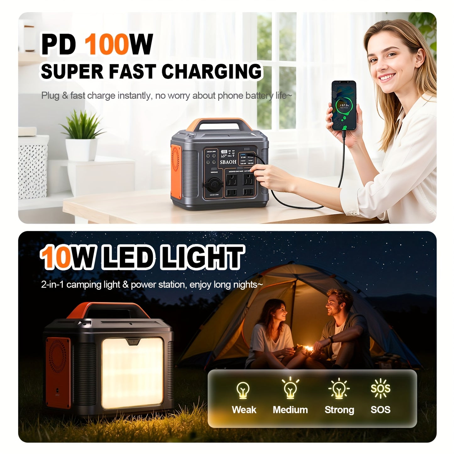 SBAOH 300W Portable Power Station 296Wh 80000mAh Solar Powered Generator With 100W PD Fast Charging, 13 Outlets, Digital Display, Lithium-ion Battery For Home Backup, RV Camping, And Emergency Power - (60W Solar Panel Is Opti