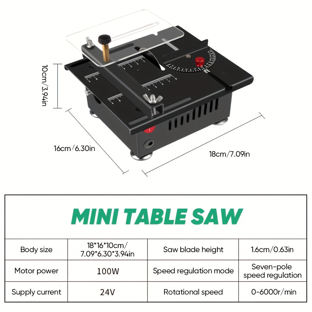 Saker 100W Mini Table Saw, with Adjustable Speed And Angle, Offers a Cutting Depth of 16MM, It Features a Power Supply with Seven Speed Settings for Precise And Safe Cutting, Ideal for Small Accessories And DIY Crafts, Making