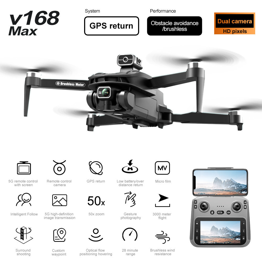 [8K V168 Pro Max Drone] 8K HD V168 Pro Max Drone with 4.5" Screen, GPS, 360° Rolling, Dual Cameras, Foldable Design, 2 Batteries | Brushless Motor, Gesture Control, Remote Control Toy, 1500m Range & 200m Altitude, Modern Dro