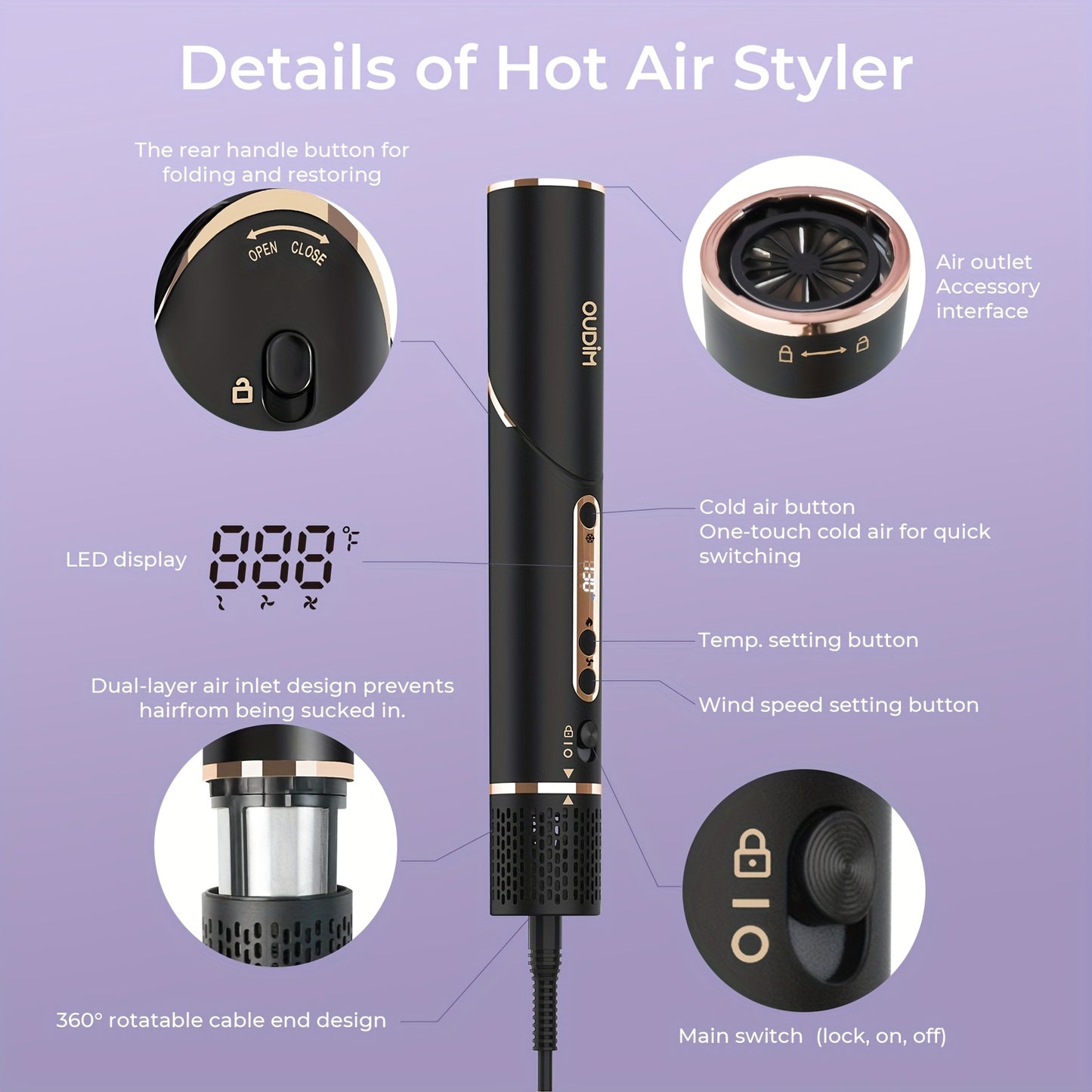 OUDIM 6-in-1 Multi-Functional Hot Air Comb & Styler - Negative Ion Technology, 110, 000 RPM High-Speed Frizz-Free Hair Dryer Brush, Curling Iron & Straightener with Auto-Winding Rod, Foldable Handle & Storage Bag for Rapid Dr