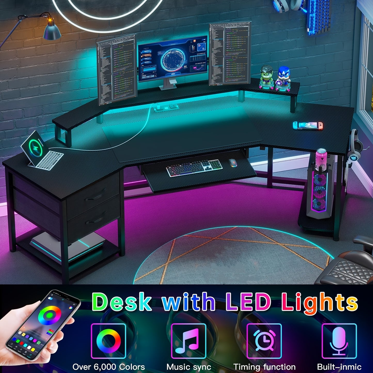 79 Inch Gaming Desk with LED Lights & Power Outlets, Computer Desk with 2 Fabric Drawers, Open Shelves, Cpu Stand, Cup Holder, Headphones Hooks and Keyboard Tray, Modern Corner Desk PC Workstation For Bedroom, Black Carbon Fi