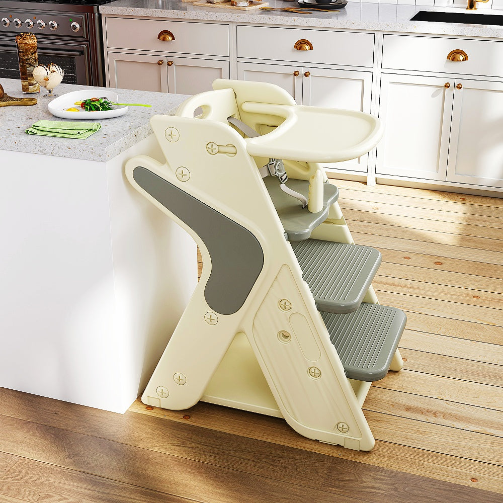 White + Charcoal Gray 16, 54x25, 20x31, 50 Inch Multifunctional Growth Chair HDPE Material Three-in-One Design Adjustable Height Five-Point Safety Belt Kitchen Dining Baby Feeding Learning