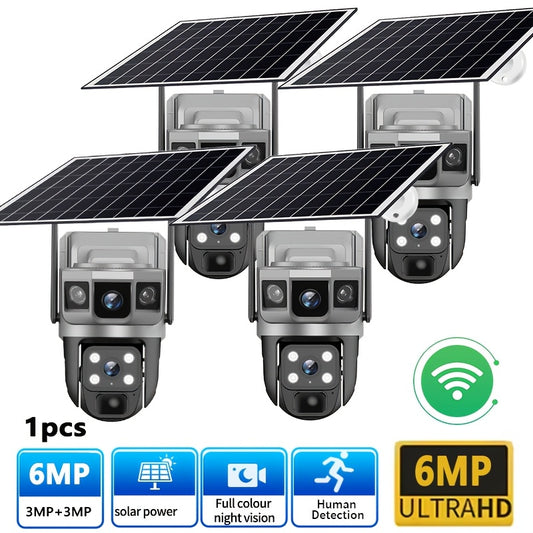 2K Solar Dual Lens Camera, Outdoor 2.4GHz WiFi Camera, Outdoor Security Camera, Pet Camera, Baby Monitor, 360° Security Camera with Siren And Spotlight, Motion Detection, Two-Way Talking, Color Night Vision, 1pc, Free Cloud