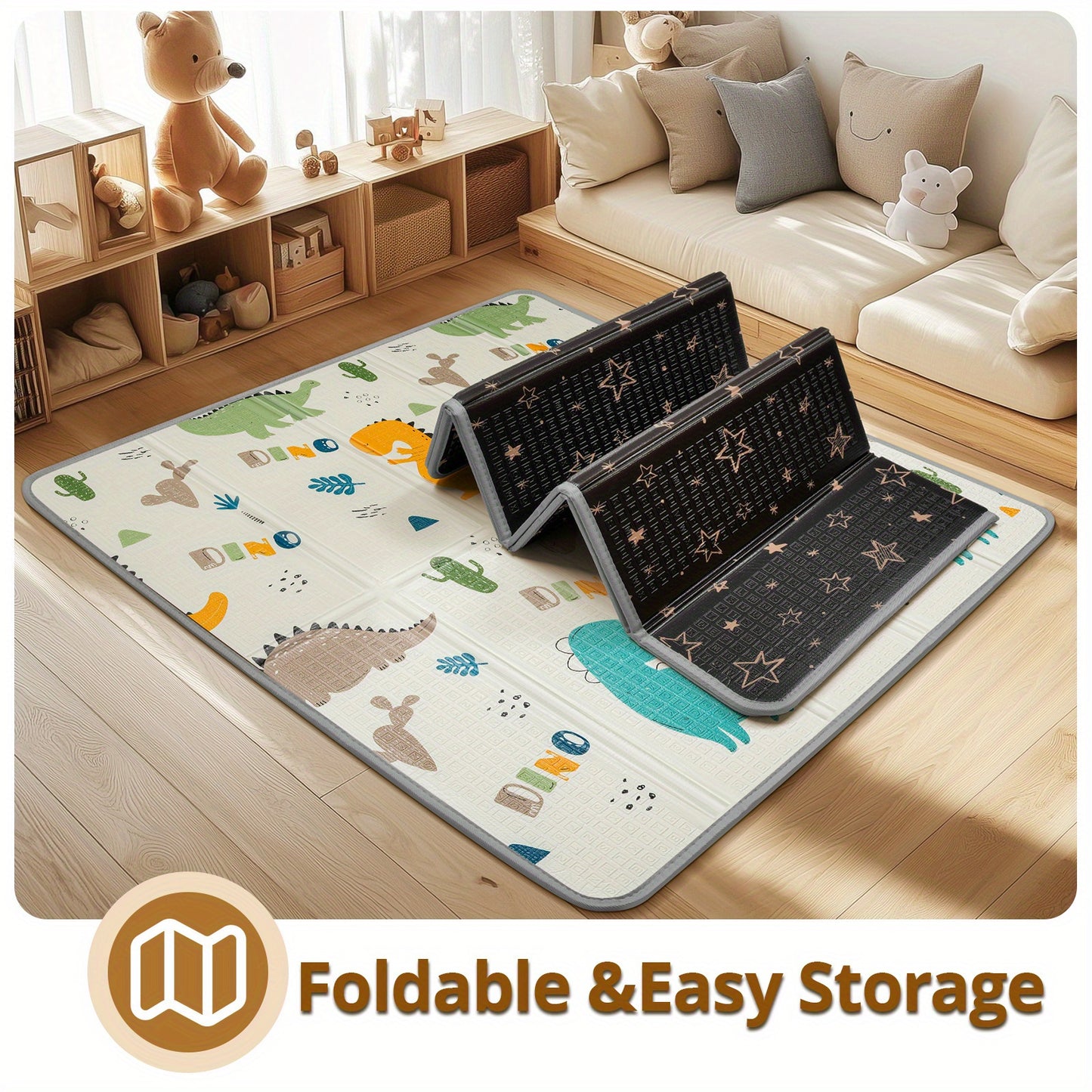 Crawling Game Fence Mat With Cute Cartoon Patterns, Play Game Mat, Baby Swing Suitable For Family Living Rooms, Car Picnics, Travel Home Essentials XPE 50 * 50 Inches, Thick And Soft Size Double-sided Pattern Folding Crawling