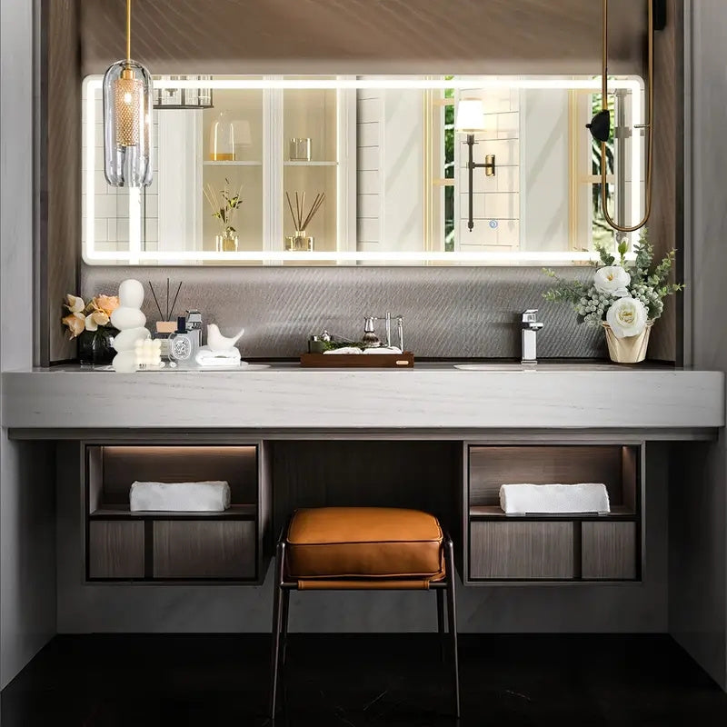 LED Makeup Mirror, Adjustable Brightness Full-Length Mirror, Highly Acclaimed Dressing Mirror. 2-Drawer Storage Cabinet, Bedside Table, Fabric Drawer Scratch Resistant, Metal Frame Sturdy And Durable