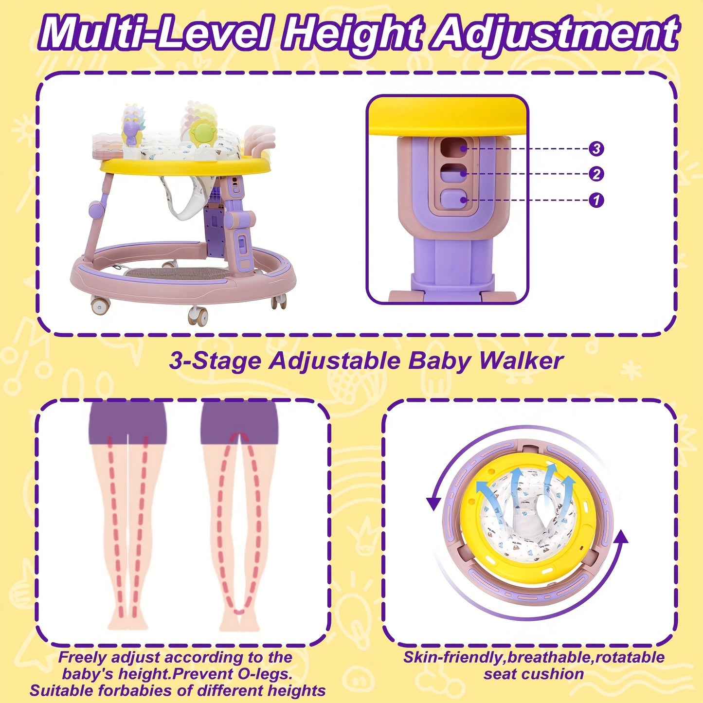 Baby Walker with Anti-Rollover Lock & Height Adjustment - Push Along Walking Chair with 4-Wheel Mobility, Soft Cushioned & -Free Learning Path for Boys & Girls 6-18 Months (Pink/Green) - Sturdy Frame for First Walkers