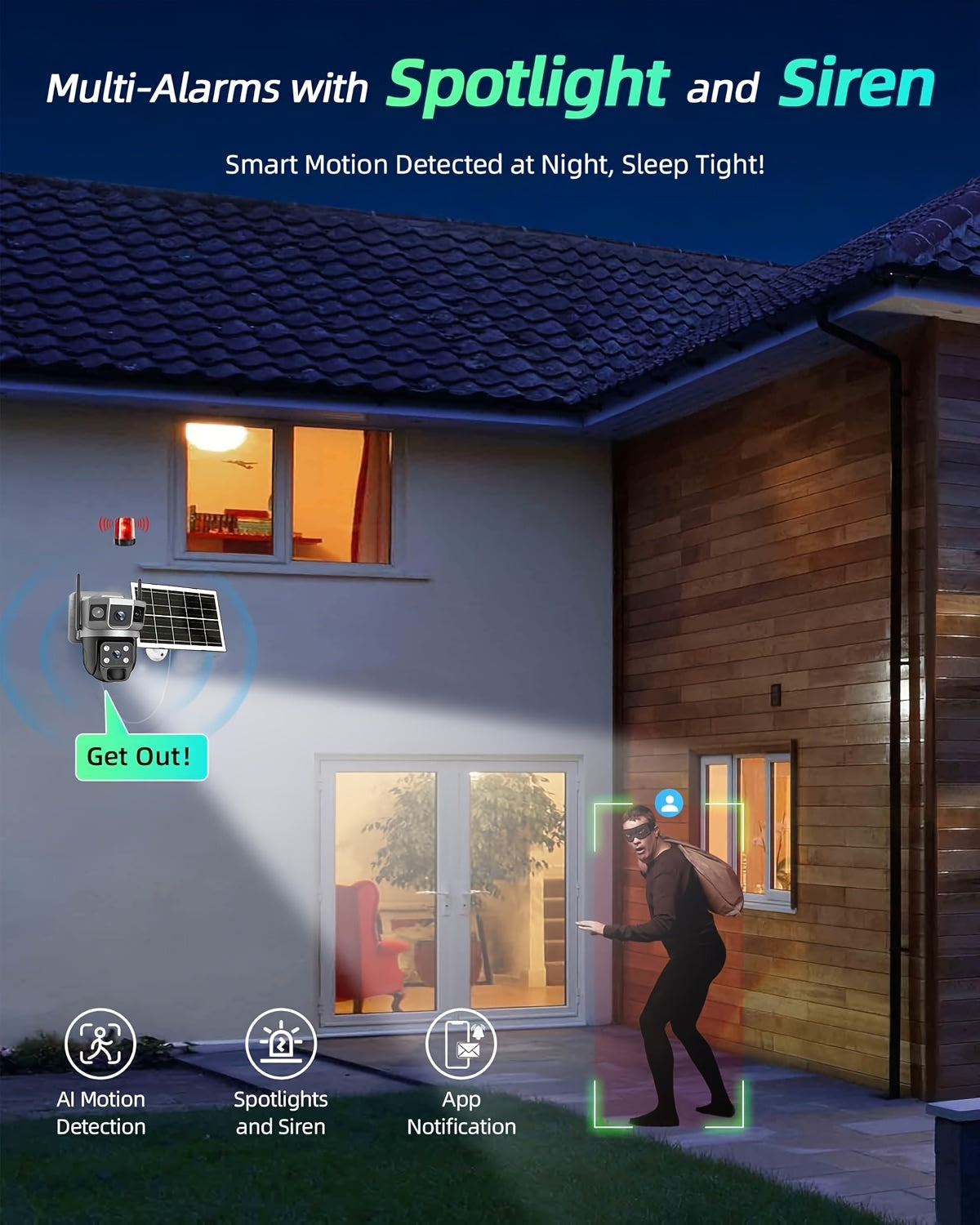 2K Solar Dual Lens Camera, Outdoor 2.4GHz WiFi Camera, Outdoor Security Camera, Pet Camera, Baby Monitor, 360° Security Camera with Siren And Spotlight, Motion Detection, Two-Way Talking, Color Night Vision, 1pc, Free Cloud