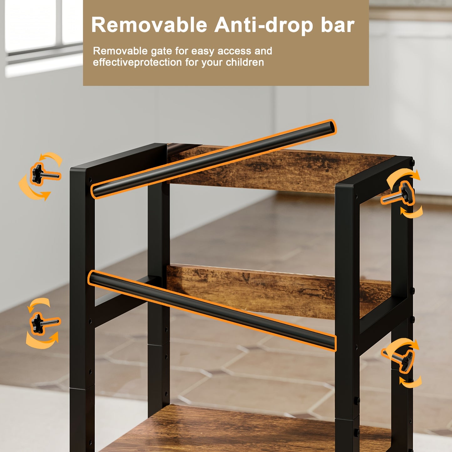 Adjustable Toddler Step Stool with Safety Rail, Wooden & Steel Learning Tower for Kids, Height Adjustable Kitchen Stool for Toddlers