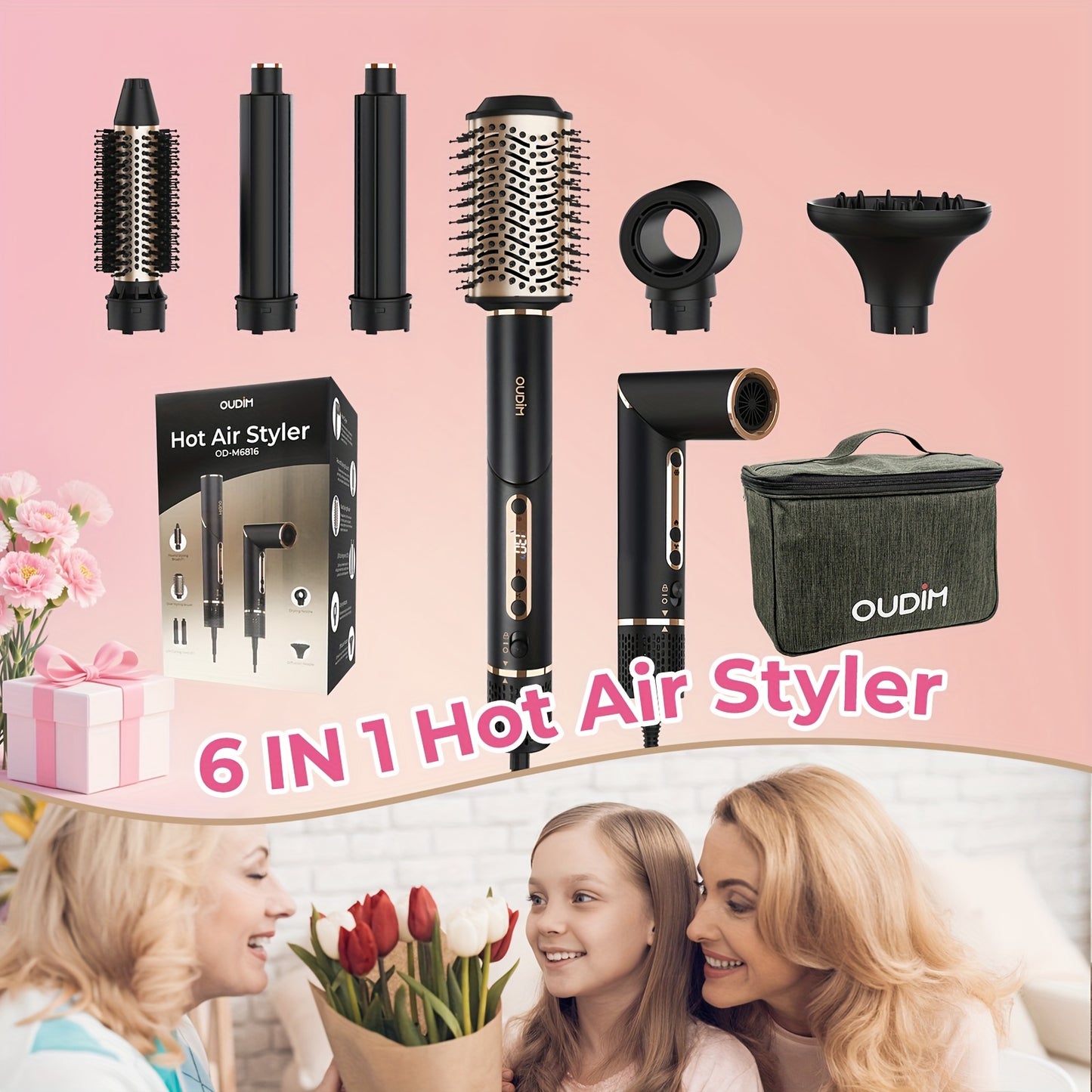 OUDIM 6-in-1 Multi-Functional Hot Air Comb & Styler - Negative Ion Technology, 110, 000 RPM High-Speed Frizz-Free Hair Dryer Brush, Curling Iron & Straightener with Auto-Winding Rod, Foldable Handle & Storage Bag for Rapid Dr