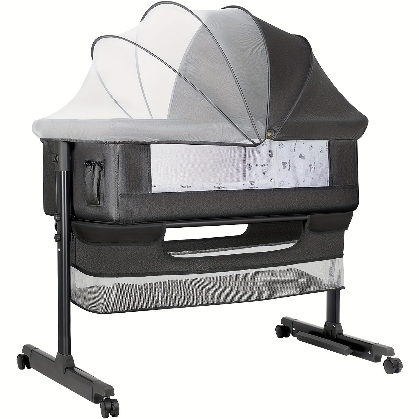 Baby Bassinet Bedside Sleeper with Rocking Motion, Lockable Wheel & Storage Basket - Adjustable Height, Fence & -Compatible Frame - Easy Assembly Metal Cot for, Portable Crib (Grey/Black)