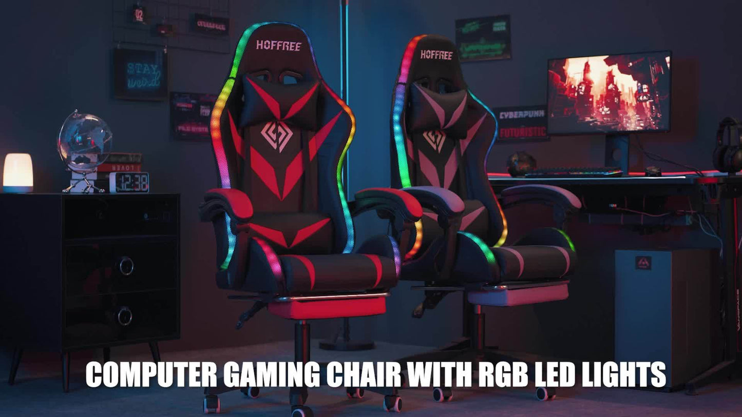 HOFFREE 2 Point Massage Lumbar Support 135° LED Light Bar Wireless Speaker - Ergonomic Gaming Chair With USB-Powered, Sponge-Filling, Rotating Back & Cushioned Seat For PC, Laptop, Gaming Setup, Wireless Gaming Chair, Comfor