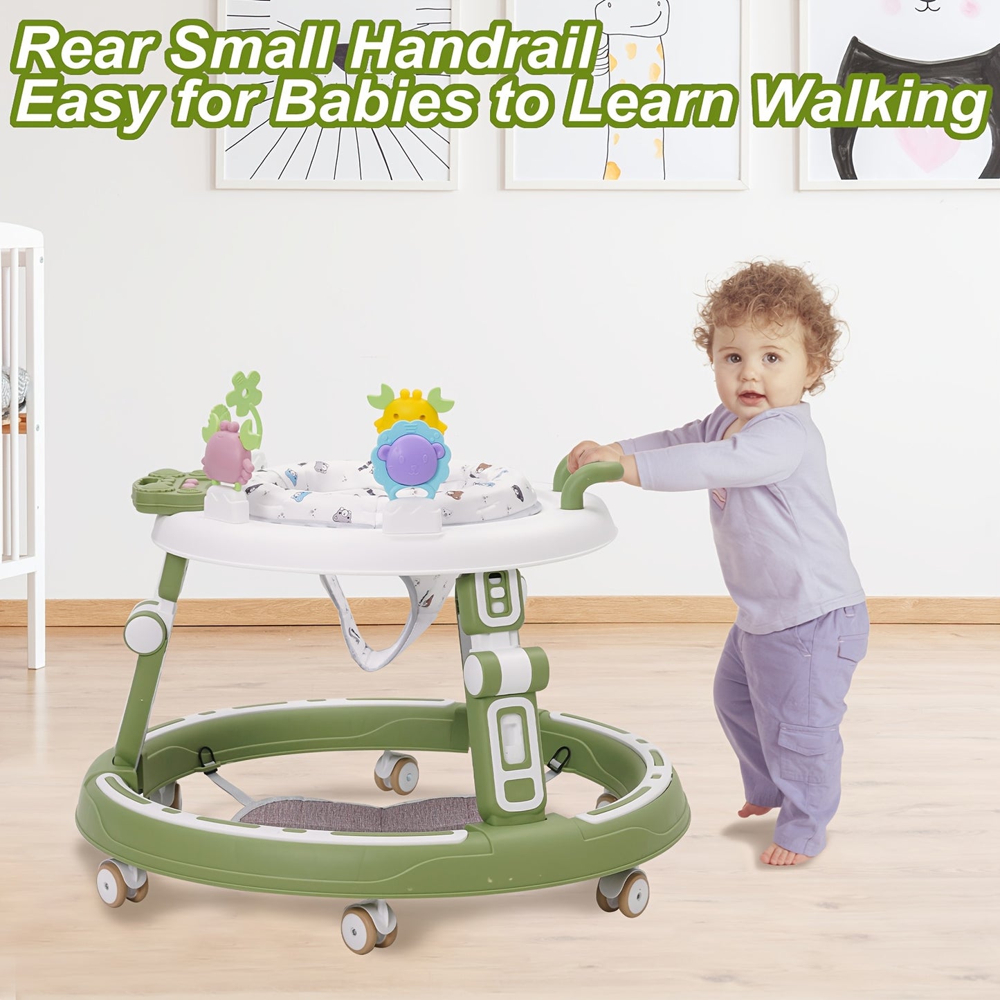 Baby Walker with Anti-Rollover Lock & Height Adjustment - Push Along Walking Chair with 4-Wheel Mobility, Soft Cushioned & -Free Learning Path for Boys & Girls 6-18 Months (Pink/Green) - Sturdy Frame for First Walkers