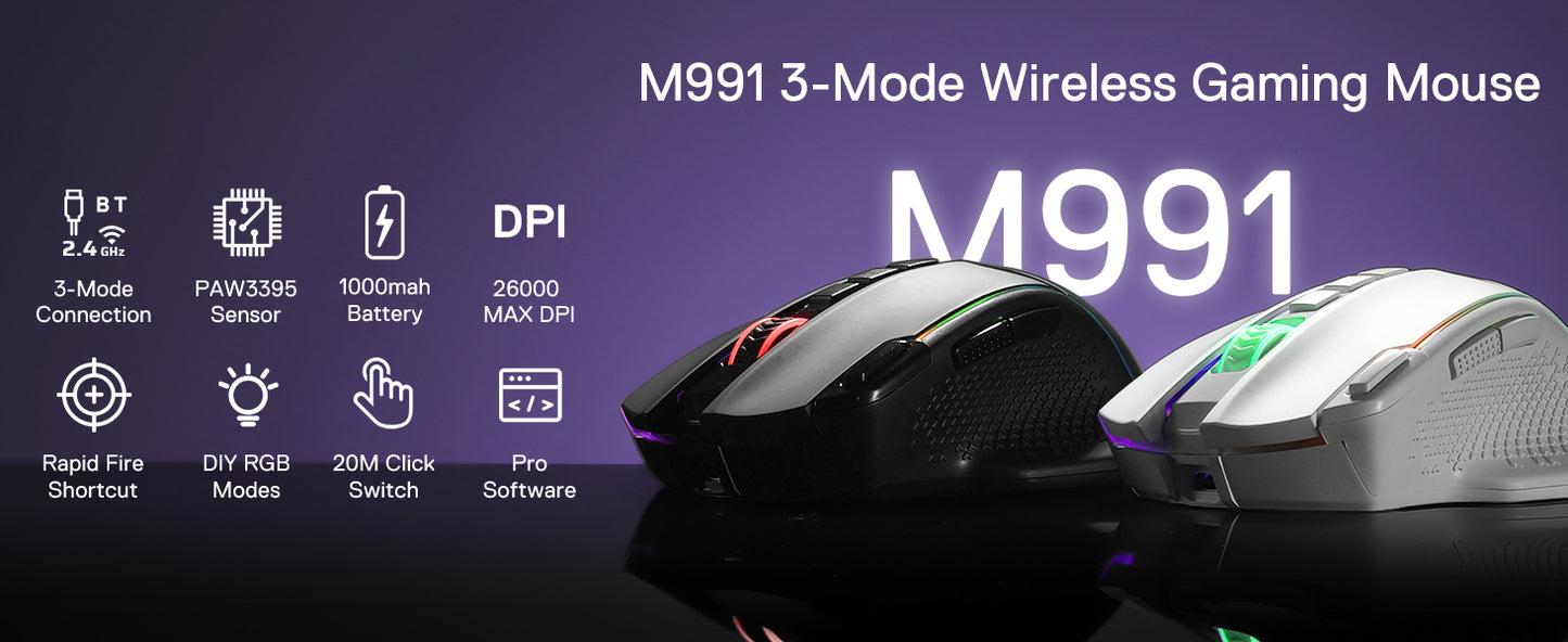 Redragon M991 Wireless Gaming Mouse 26000 DPI 3-Mode Gamer 9 Macro Buttons RGB Backlight Mice, Black