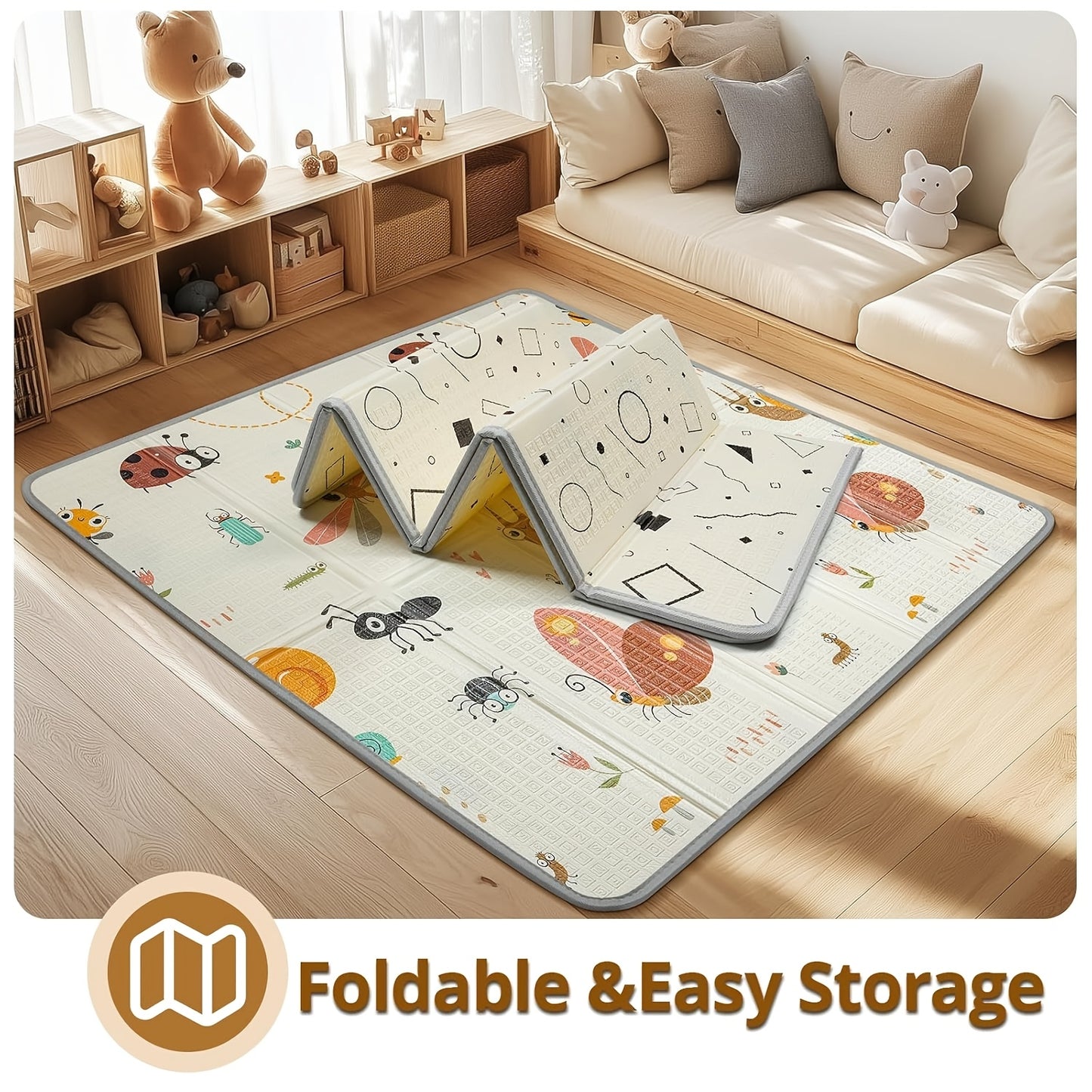 Crawling Game Fence Mat With Cute Cartoon Patterns, Play Game Mat, Baby Swing Suitable For Family Living Rooms, Car Picnics, Travel Home Essentials XPE 50 * 50 Inches, Thick And Soft Size Double-sided Pattern Folding Crawling