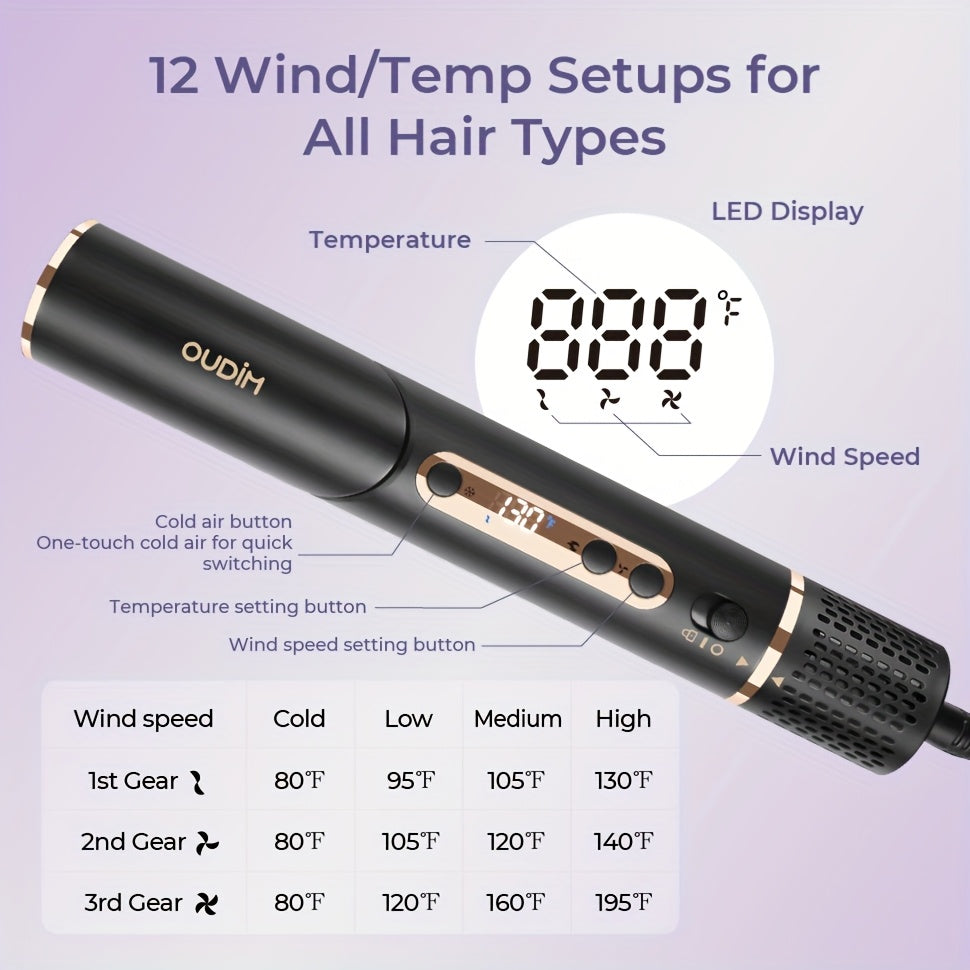 OUDIM 6-in-1 Multi-Functional Hot Air Comb & Styler - Negative Ion Technology, 110, 000 RPM High-Speed Frizz-Free Hair Dryer Brush, Curling Iron & Straightener with Auto-Winding Rod, Foldable Handle & Storage Bag for Rapid Dr