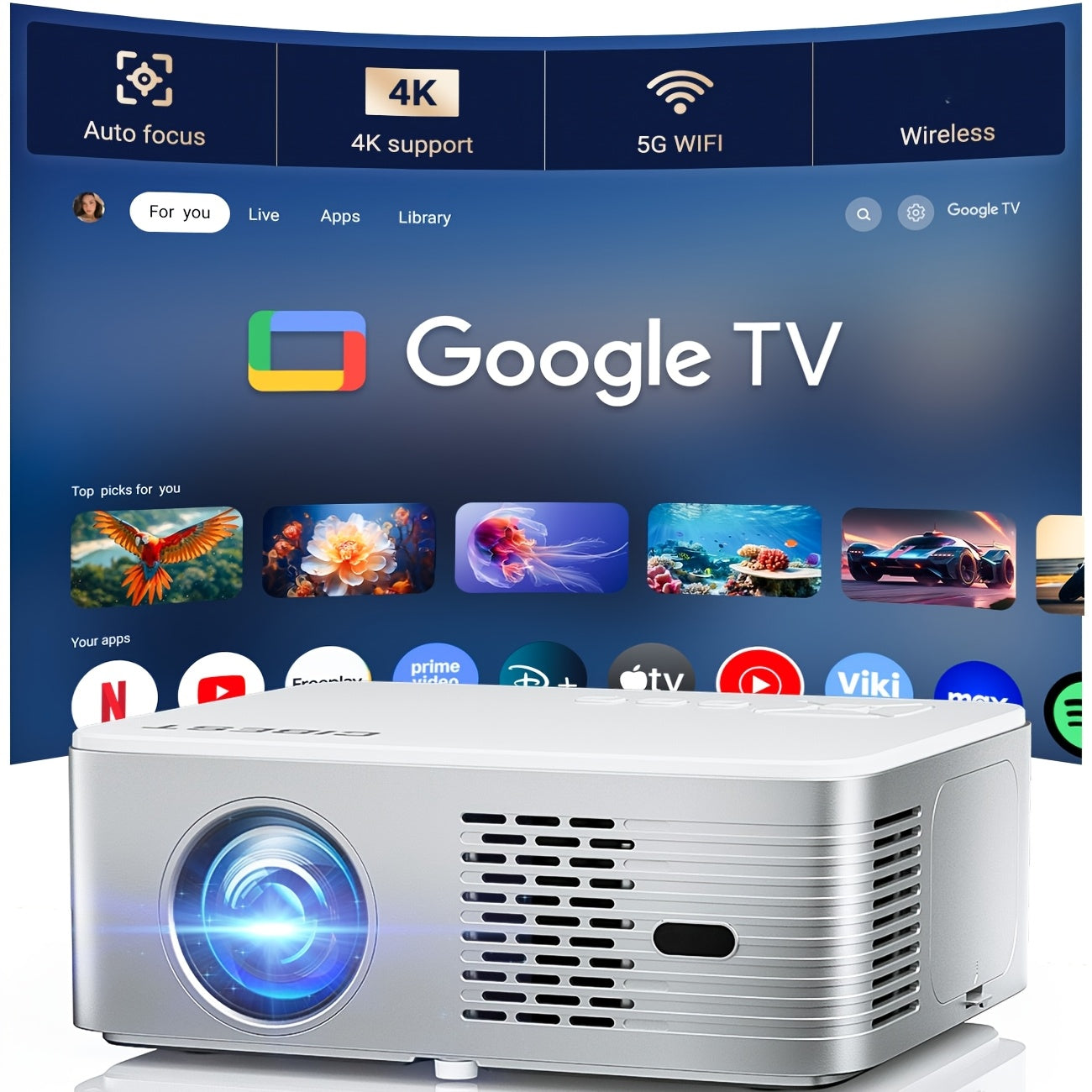 Portable Auto Focus Projector with WiFi 6.5 & Wireless 5.2, 4K Support, Android TV 10, Native 1080P, 1000ANSI Lumens, HDR 10+ - Home Theater, Gaming, Outdoor Movies (G1), Gaming Projection, Sleek Metallic Design, Highresoluti