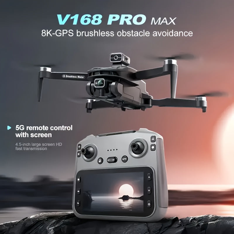 [8K V168 Pro Max Drone] 8K HD V168 Pro Max Drone with 4.5" Screen, GPS, 360° Rolling, Dual Cameras, Foldable Design, 2 Batteries | Brushless Motor, Gesture Control, Remote Control Toy, 1500m Range & 200m Altitude, Modern Dro