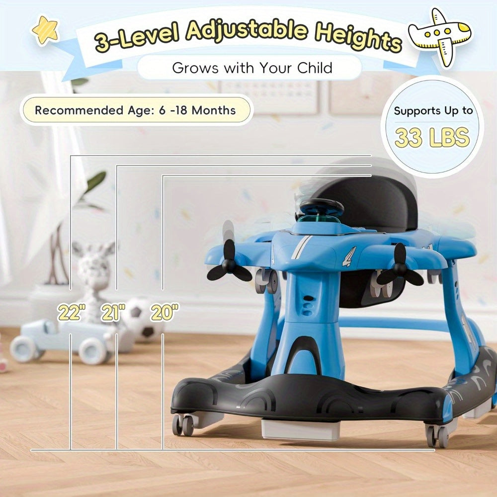 6-in-1 Baby Walker with Adjustable Speed Wheels, Adjustable Height Activity Walker with Padded Seat, Foldable Walker for Babies, Toddler Push Walker for Boy & Girl