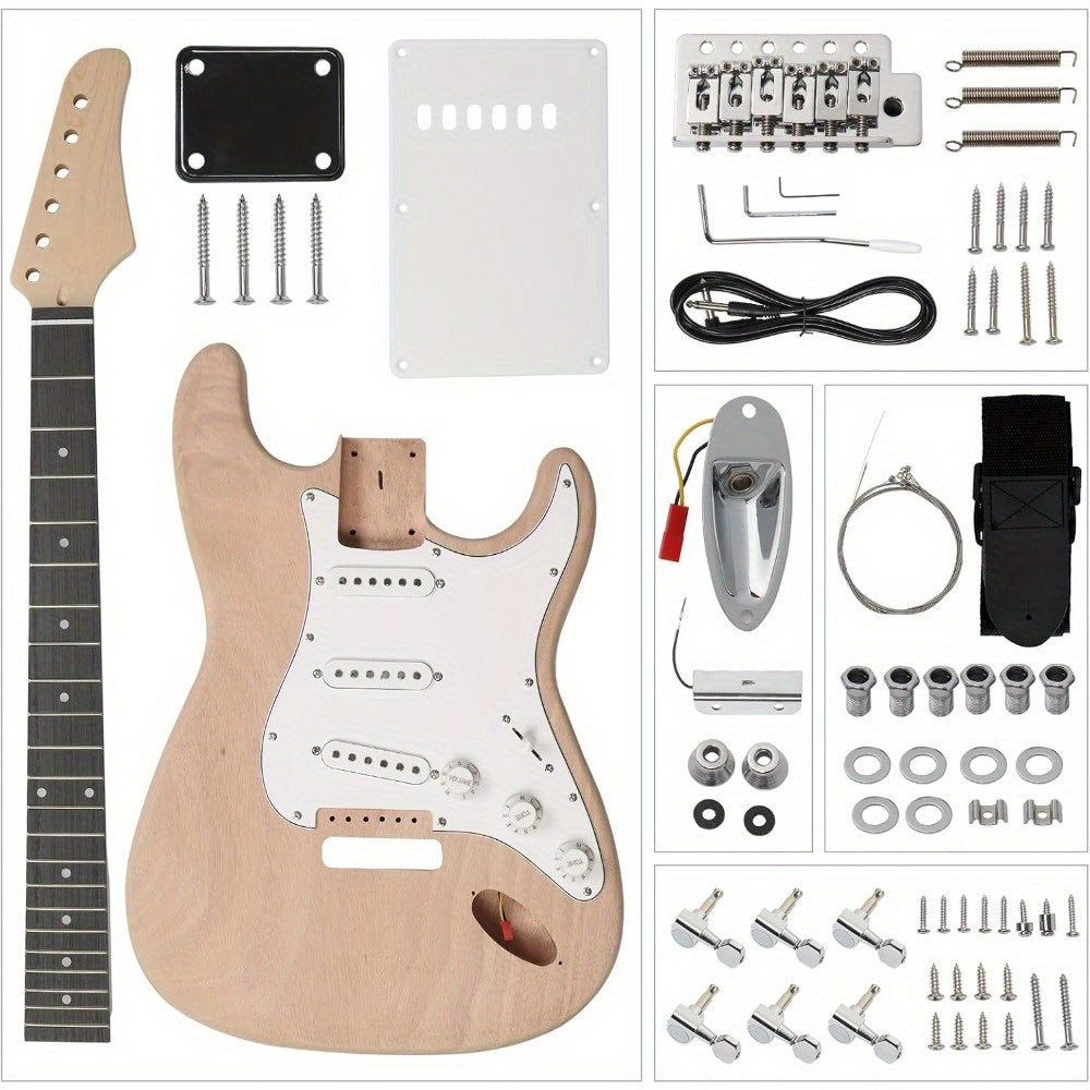 DIY Guitar Kit with Mahogany Body, Ebony Fingerboard and Maple Neck, 6 String DIY electric Guitar Kit with Classic Design, Easy Installation & Full Equipment to Build Your Own Guitar