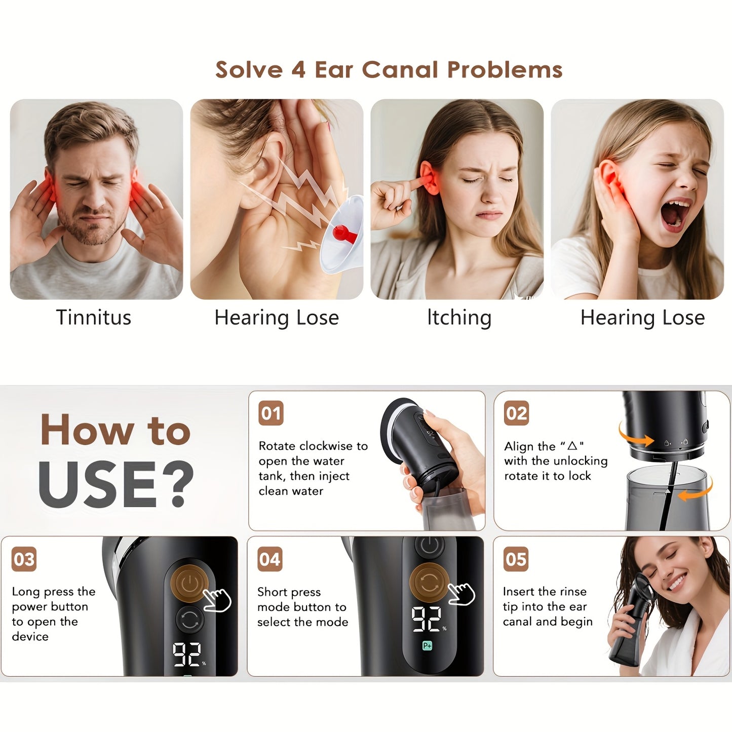 Safe Electric Ear Cleaning Kit Pro: Water-Powered Flusher with 3 Pressure Modes & LED Display | Temp Sensor, Visual Waste Tank, 12 Tips, USB-C Recharge, Painless Use, Ear Cleaning Device, Health Care, Modern Aesthetic, Durabl