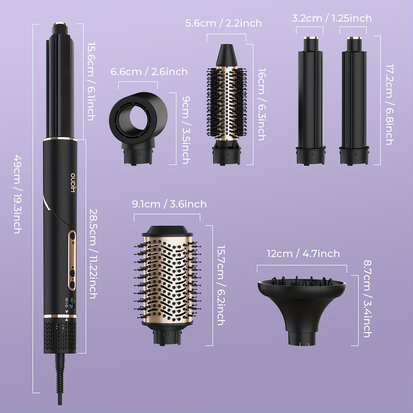 OUDIM 6-in-1 Multi-Functional Hot Air Comb & Styler - Negative Ion Technology, 110, 000 RPM High-Speed Frizz-Free Hair Dryer Brush, Curling Iron & Straightener with Auto-Winding Rod, Foldable Handle & Storage Bag for Rapid Dr