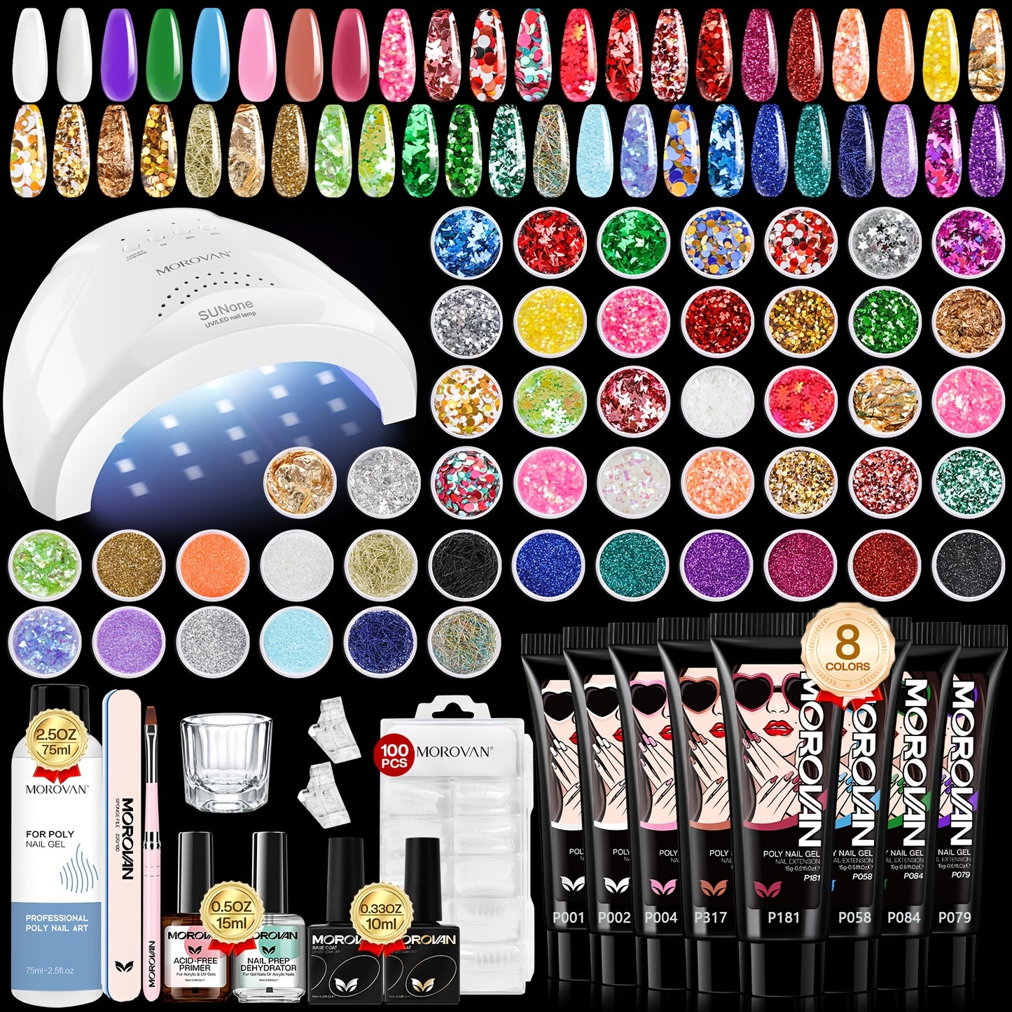 Morovan Pro Nail Extension Kit: 48W LED Lamp And 8 Colors Polygel Set| 100pcs Tips And 48 Glitters | Quick-Drying, Long Lasting | DIY Beginner Friendly, Gel Nail Kit For Beginners With Everything, Nail Gel Kit With Uv Light,