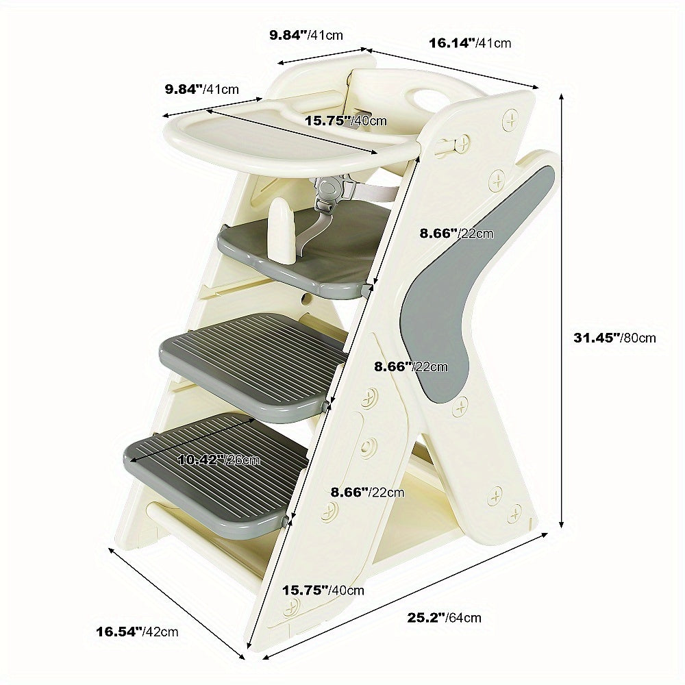 White + Charcoal Gray 16, 54x25, 20x31, 50 Inch Multifunctional Growth Chair HDPE Material Three-in-One Design Adjustable Height Five-Point Safety Belt Kitchen Dining Baby Feeding Learning