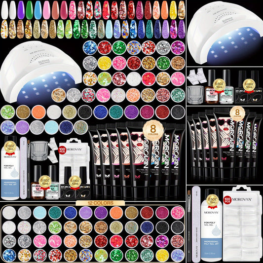 Morovan Pro Nail Extension Kit: 48W LED Lamp And 8 Colors Polygel Set| 100pcs Tips And 48 Glitters | Quick-Drying, Long Lasting | DIY Beginner Friendly, Gel Nail Kit For Beginners With Everything, Nail Gel Kit With Uv Light,