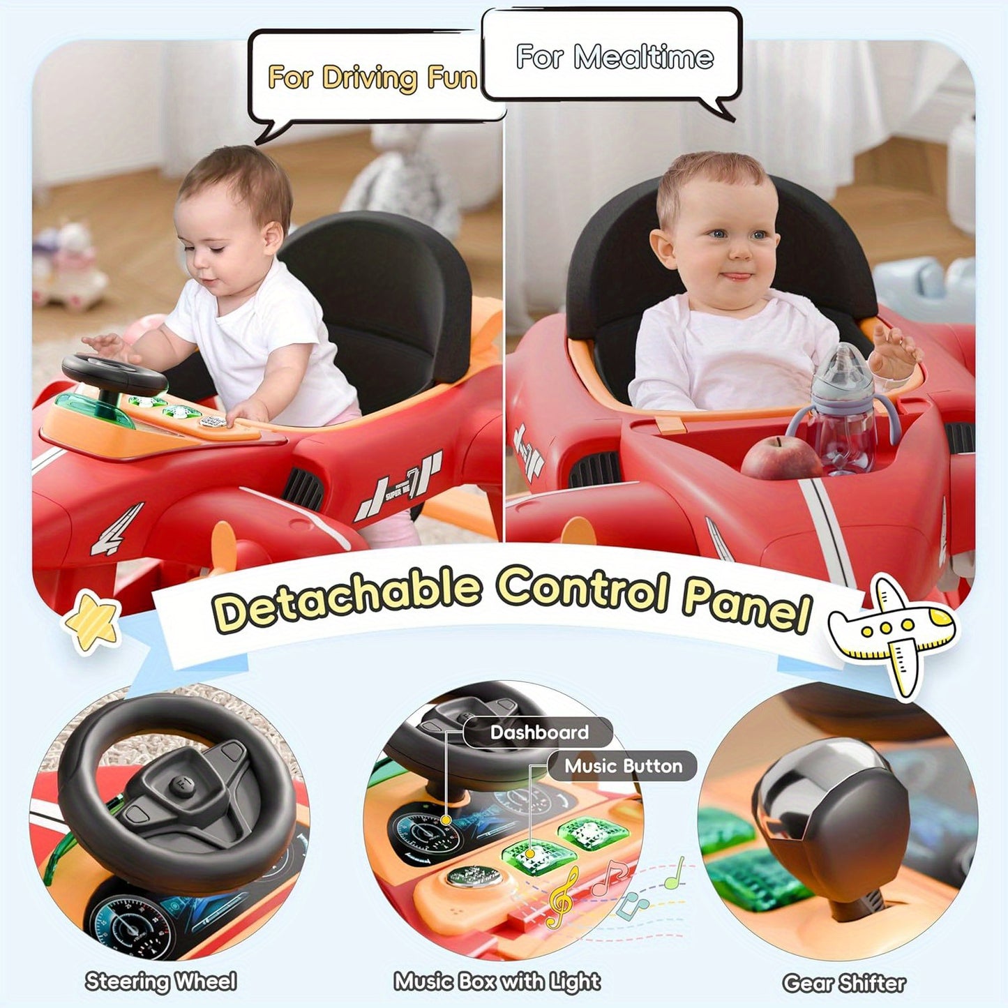 6-in-1 Baby Walker with Adjustable Speed Wheels, Adjustable Height Activity Walker with Padded Seat, Foldable Walker for Babies, Toddler Push Walker for Boy & Girl