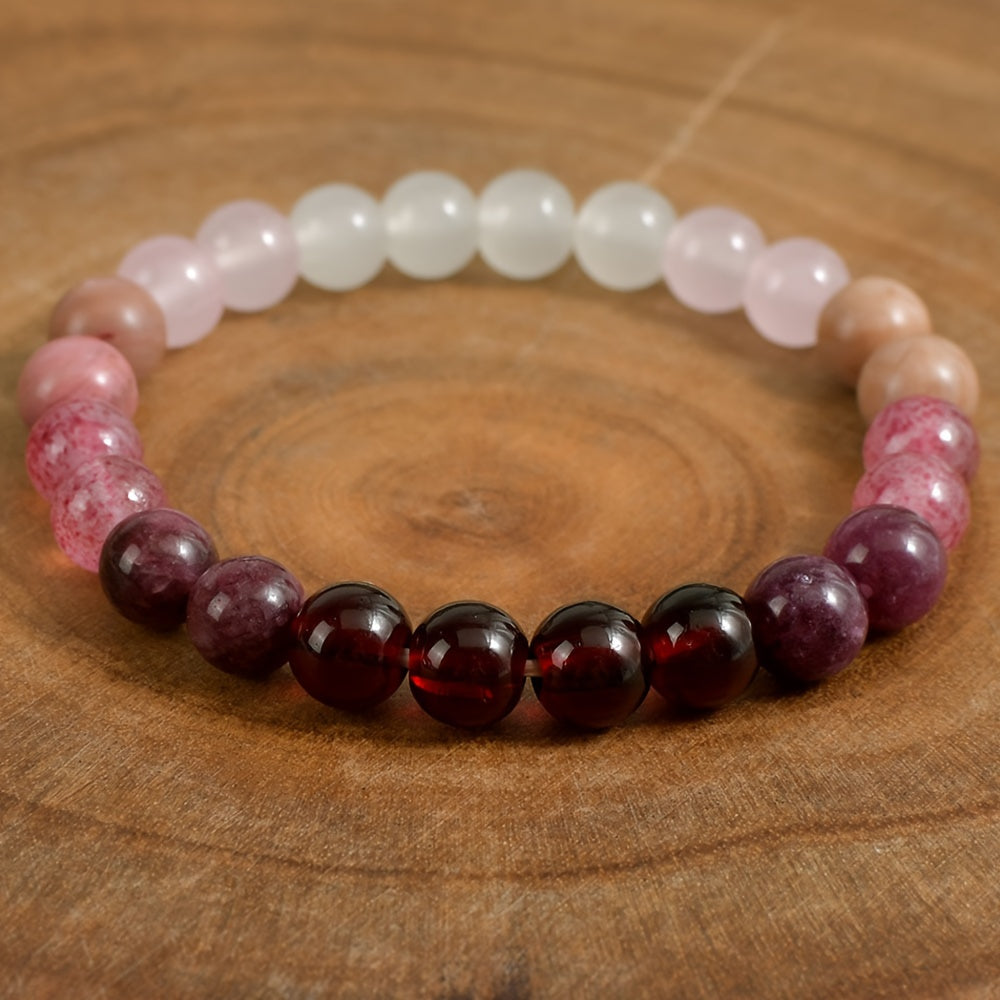 Elegant Simple Style 8mm Beaded Bracelet with Natural Stone, Synthetic Love Spell Gemstone, Garnet Strawberry Quartz, Rhodonite Rose Quartz Moonstone, for Daily Wear and Gift Giving - Valentine's Day All-Season Jewelry