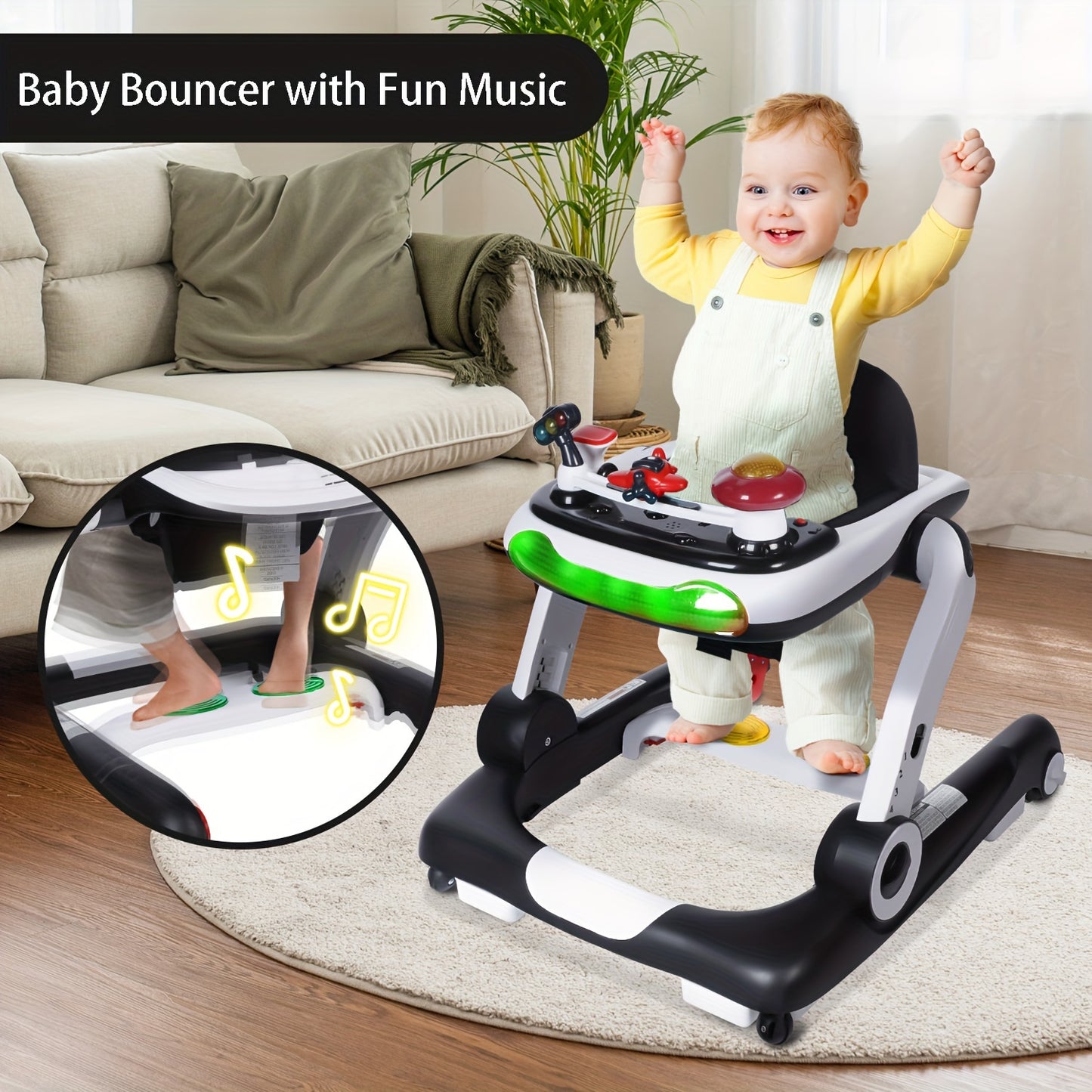 Kinder King Baby Walker With Music & Lights, 5 In 1 Baby Bouncer Activity Walker, Adjustable Height & Seat, Learning-Seated & Toddler Walk-Behind, Safety Bumper, Infant Walker Anti-Rollover, Black