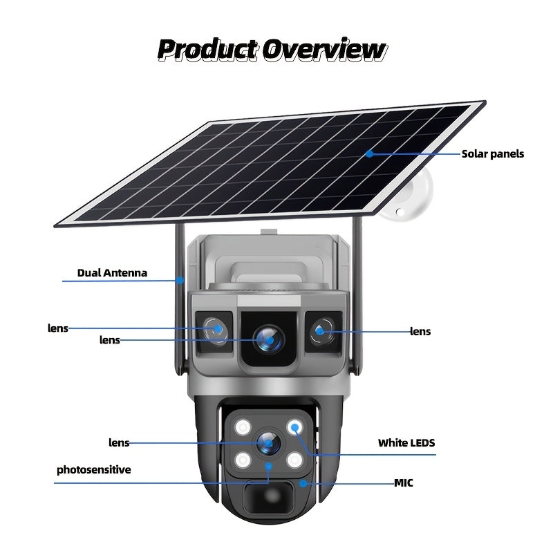 2K Solar Dual Lens Camera, Outdoor 2.4GHz WiFi Camera, Outdoor Security Camera, Pet Camera, Baby Monitor, 360° Security Camera with Siren And Spotlight, Motion Detection, Two-Way Talking, Color Night Vision, 1pc, Free Cloud