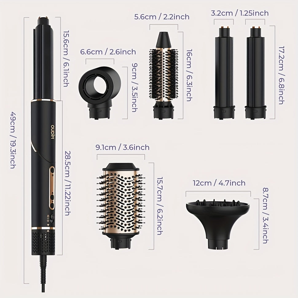 OUDIM 6-in-1 Multi-Functional Hot Air Comb & Styler - Negative Ion Technology, 110, 000 RPM High-Speed Frizz-Free Hair Dryer Brush, Curling Iron & Straightener with Auto-Winding Rod, Foldable Handle & Storage Bag for Rapid Dr
